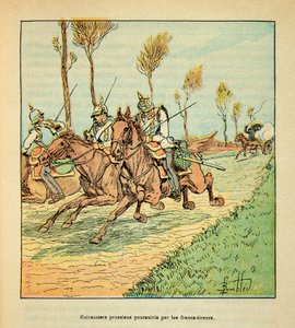A Arma do Loire por Eugene Sergent, conhecido como Grenest, ilustrado por Louis Bombled (1862-1927) (Guerra Franco-Alemã; campanha de 1870 -1871): Cuirassiers prussianos perseguidos pelos Freicistas em outubro de 1870, Coleção Privada de Louis Charles Bombled