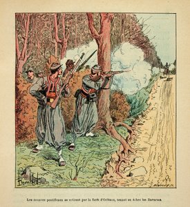 A Arma do Loire por Eugene Sergent, conhecido como Grenest, ilustrado por Louis Bombled (1862-1927) (Guerra Franco-Alemã; campanha de 1870-1871): Guerra de Orleans, o Pontifício Zouaves retirou-se pela floresta de Orleans segurando os bávaros no xadrez em de Louis Charles Bombled