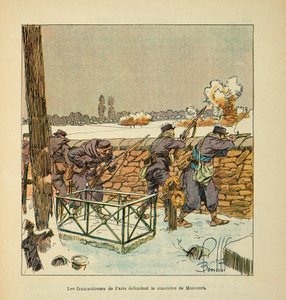 A Arma do Loire por Eugene Sergent, conhecido como Grenest, ilustrado por Louis Bombled (1862-1927) (Guerra Franco-Alemã; campanha de 1870 -1871): Os atiradores franceses de Paris defendem o cemitério de Montsort (Alencon) em janeiro de 1871, Coleção Parti de Louis Charles Bombled