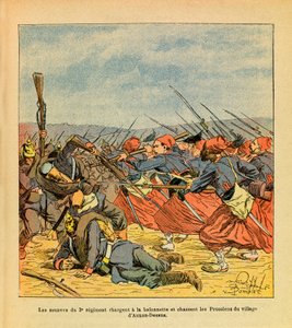 The Eastern Armee of Eugene Sergeant, dit Grenest, ilustrado por Louis Bombled (1862-1927) (Guerra Franco-Alemã; campanha de 1870-1871): Os Zouaves do 3º Regimento carregam um baionete e expulsam os prussianos da aldeia de Auxon-Dessus durante a de Louis Charles Bombled