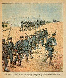 A Armee Oriental do Sargento Eugene, conhecida como Grenest, ilustrada por Louis Bombled (1862-1927) (Guerra Franco-Alemã; campanha de 1870 -1871): Em Provencheres, os mobilizados da 2ª Legião do Alto Marne forçados a recuar sob o número de inimigos de Louis Charles Bombled