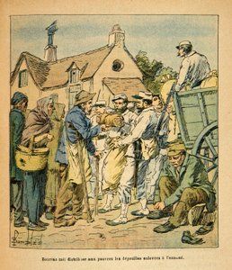 A Armee Oriental do Sargento Eugene, conhecida como Grenest, ilustrada por Louis Bombled (1862-1927) (Guerra Franco-Alemã; campanha de 1870-1871): Os motivos do Coronel Bourras distribuíram aos pobres os restos mortais tirados do inimigo, Coleção Particula de Louis Charles Bombled