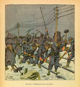 A Armee Oriental do Sargento Eugene, conhecida como Grenest, ilustrada por Louis Bombled (1862-1927) (Guerra Franco-Alemã; campanha de 1870 -1871): Fontenoy, destruição da estrada de ferro, Coleção Privada de Louis Charles Bombled