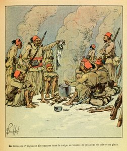 A Armee Oriental do Sargento Eugene, conhecida como Grenest, ilustrada por Louis Bombled (1862-1927) (Guerra Franco-Alemã; campanha de 1870 -1871): Janeiro de 1871, os Turcos do 1º regimento bivouaent na neve, em blusas e calças de lona e taxa nua de Louis Charles Bombled