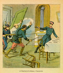 A Armee Oriental do Sargento Eugene, conhecida como Grenest, ilustrada por Louis Bombled (1862-1927) (Guerra Franco-Alemã; campanha de 1870 -1871): Um oficial prussiano feito prisioneiro por motivos franceses em Vaucouleurs, Coleção Privada de Louis Charles Bombled