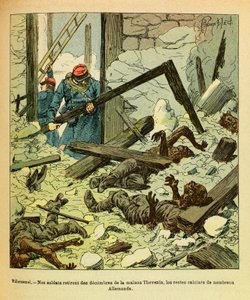 A Armee Oriental do Sargento Eugene, conhecida como Grenest, ilustrada por Louis Bombled (1862-1927) (Guerra Franco-Alemã; campanha de 1870 -1871): Janeiro de 1871, Batalha de Villersexel, soldados franceses retiram de uma casa os restos mortais dos soldad de Louis Charles Bombled
