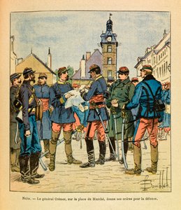 A Armee Oriental do Sargento Eugene, conhecida como Grenest, ilustrada por Louis Bombled (1862-1927) (Guerra Franco-Alemã; campanha de 1870 -1871): Batalha de Nuits Saint Georges; o General Cremer na Praça das Marcas dá as suas ordens de defesa, Dezembro d de Louis Charles Bombled