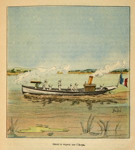 A Guerra em Madagáscar - História das Expedições Francesas de 1885-1895 por Henri Galli dit Galllichet (1854-1922), ilustrada por Louis Bombled (1862-1927): Canonniere francês sobre o rio Ikopa em Madagáscar em 1895, Coleção Particular de Louis Charles Bombled