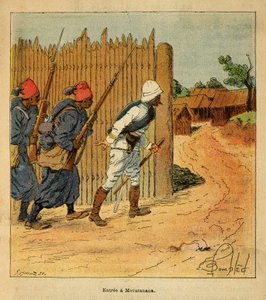 A Guerra em Madagáscar - História das Expedições Francesas de 1885-1895 por Henri Galli dit Galllichet (1854-1922), ilustrada por Louis Bombled (1862-1927): Tropas francesas entraram na aldeia de Mevatanana em 1895, Colecção Privada de Louis Charles Bombled
