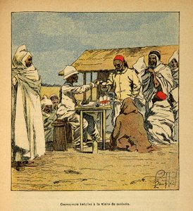 A Guerra em Madagáscar - História das Expedições Francesas de 1885-1895 por Henri Galli dit Galllichet (1854-1922), ilustrada por Louis Bombled (1862-1927): Convoeiros Kabiles uma visita de um médico militar, Colecção Privada de Louis Charles Bombled