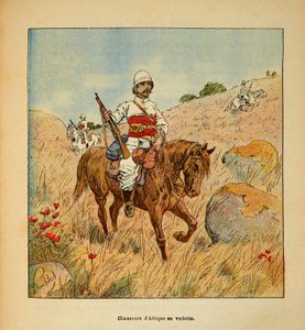 A Guerra em Madagáscar - História das Expedições Francesas de 1885-1895 por Henri Galli dit Galllichet (1854-1922), ilustrada por Louis Bombled (1862-1927): Caçador da África em escotismo em Madagáscar em 1895, Coleção Privada de Louis Charles Bombled