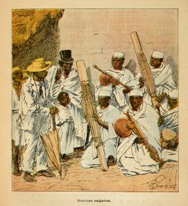 A Guerra em Madagáscar - História das Expedições Francesas de 1885-1895 por Henri Galli dit Galllichet (1854-1922), ilustrada por Louis Bombled (1862-1927): Músicos malgaxes do século XIX, Coleção Particular de Louis Charles Bombled
