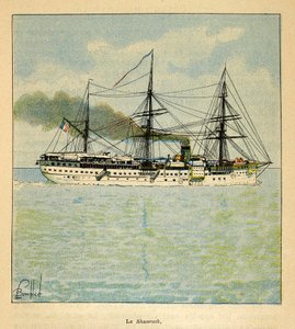 A Guerra em Madagáscar - História das Expedições Francesas de 1885-1895 por Henri Galli dit Galllichet (1854-1922), ilustrada por Louis Bombled (1862-1927): O navio hospitaleiro "Shamrock" a caminho de Madagáscar, Coleção Particular de Louis Charles Bombled
