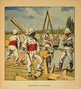 A Guerra em Madagáscar - História das Expedições Francesas de 1885-1895 por Henri Galli dit Galllichet (1854-1922), ilustrada por Louis Bombled (1862-1927): Construção de uma ponte pelo gênio no rio Ikopa em 1895, Coleção Particular de Louis Charles Bombled