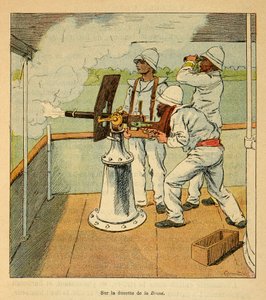 A Guerra em Madagáscar - História das Expedições Francesas de 1885-1895 por Henri Galli dit Galllichet (1854-1922), ilustrada por Louis Bombled (1862-1927): Tiro de canhão nas Hovas a bordo do canoniere "La Brave" em 1895, Coleção Particular de Louis Charles Bombled