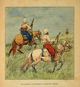 A Guerra em Madagáscar - História das Expedições Francesas de 1885-1895 por Henri Galli dit Galllichet (1854-1922), ilustrada por Louis Bombled (1862-1927): Reconhecimento de gendarmes e caçadores da África em Madagáscar em 1895, Coleção Particular de Louis Charles Bombled