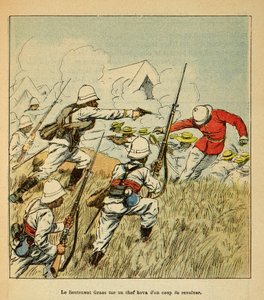 A Guerra em Madagáscar - História das Expedições Francesas de 1885-1895 por Henri Galli dit Galllichet (1854-1922), ilustrada por Louis Bombled (1862-1927): O Tenente Grss mata um chefe Hova durante as batalhas de Tsarasaotra em 1895, Private Collectio de Louis Charles Bombled