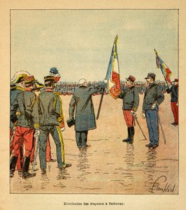 A Guerra em Madagáscar - História das Expedições Francesas de 1885-1895 por Henri Galli dit Galllichet (1854-1922), ilustrada por Louis Bombled (1862-1927): Distribuição de bandeiras em Sathonay às tropas que partiram para Madagáscar em 1895, no pres de Louis Charles Bombled