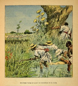A Guerra em Madagáscar - História das Expedições Francesas de 1885-1895 por Henri Galli dit Galllichet (1854-1922), ilustrada por Louis Bombled (1862-1927): Hovas Tirailleurs atacando os militares construindo uma estrada em 1895, Coleção Privada de Louis Charles Bombled