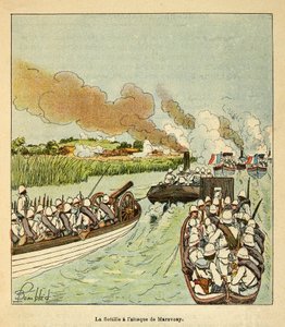 A Guerra em Madagáscar - História das Expedições Francesas de 1885-1895 por Henri Galli dit Galllichet (1854-1922), ilustrada por Louis Bombled (1862-1927): A Infantaria Marinha atacou a Cidade de Marovoay em 1895, Coleção Privada de Louis Charles Bombled