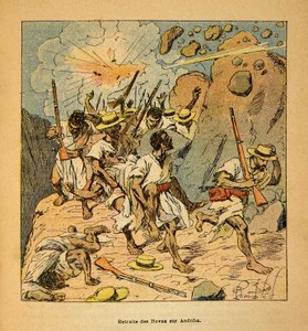 A Guerra em Madagáscar - História das Expedições Francesas de 1885-1895 por Henri Galli dit Galllichet (1854-1922), ilustrada por Louis Bombled (1862-1927): Retiro das Hovas em Andriba, Colecção Privada de Louis Charles Bombled