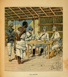 A Guerra em Madagáscar - História das Expedições Francesas de 1885-1895 por Henri Galli dit Galllichet (1854-1922), ilustrada por Louis Bombled (1862-1927): Interrogatório de um prisioneiro Hovas pelos franceses, Coleção Privada de Louis Charles Bombled