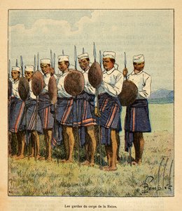 A Guerra em Madagáscar - História das Expedições Francesas de 1885-1895 por Henri Galli dit Galllichet (1854-1922), ilustrada por Louis Bombled (1862-1927): Guardas da Rainha Ranavalona, Coleção Privada de Louis Charles Bombled
