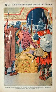 A descoberta do corpo mumificado do imperador Justiniano (483-565) durante a tomada de Constantinopla pelos cruzados em 1204, ilustração de 