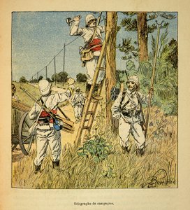 A guerra em Madagáscar - história das expedições francesas de 1885-1895 por Henri Galli dit Galllichet (1854-1922), ilustrada por Louis Bombled (1862-1927): Implementação da campanha telegráfica pelos militares em Madagáscar em 1895, colisão privada de Louis Charles Bombled