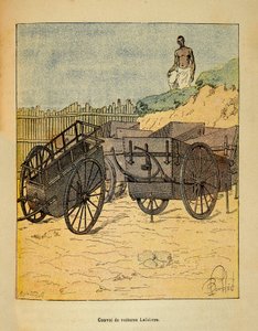 A guerra em Madagáscar - história das expedições francesas de 1885-1895 por Henri Galli dit Galllichet (1854-1922), ilustrada por Louis Bombled (1862-1927): Caravana de carros que Lefebvre utiliza para o abastecimento de tropas, Recolha privada de Louis Charles Bombled