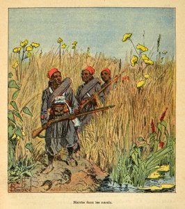 A guerra em Madagáscar - história das expedições francesas de 1885-1895 por Henri Galli dit Galllichet (1854-1922), ilustrada por Louis Bombled (1862-1927): Tropas francesas em expedição nos pântanos de Madagáscar em 1895, Coleção particular de Louis Charles Bombled