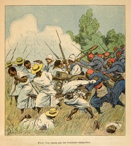 A guerra em Madagáscar - História anedótica das expedições francesas de 1885-1895 por Henri Galli dit Galllichet (1854-1922), ilustrada por Louis Bombled (1862-1927): O malgaxe apreendeu um canhão durante as batalhas de Ambolomonty em 1895, Coleção Privada de Louis Charles Bombled