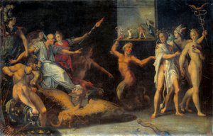 Alegoria à revogação da Edit de Nantes em outubro de 1685 O personagem central representa Basville (homem dragão), pretendente do Languedoc, tirando suas últimas roupas dos Huguenotes. Ele facilitou o estabelecimento de dragonnades destinadas a co