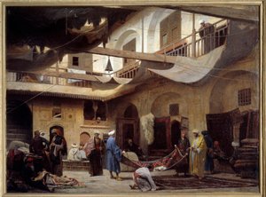 O bazar de tapetes no Khan-Khabil, no Cairo, em 1866. Pintura de Louis Claude Mouchot (1830-1891)