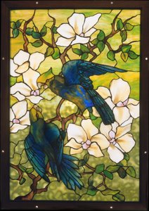 Hibiscus e papagaios, c.1910-20 (vidro fravile leaded)