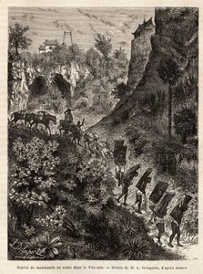 Um comboio de mercadores e seus carregadores a caminho de Yunnan (China), gravado após o desenho de L. Delaporte, para ilustrar a viagem de exploração na Indochina de Francis Garnier, tenente de navio, em 1866-1868, publicado em "Le tour du monde" 187 de Louis Delaporte