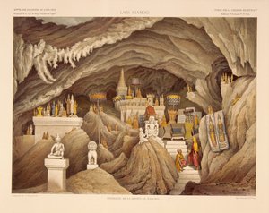 Interior de um templo de caverna no Laos, impressão feita por F. Sorrieu, ilustração de &39;Uma viagem exploratória na Indochina durante os anos de 1866, 1867 e 1868&39; por Francis Garnier e Ernest Doudart de Lagree, p