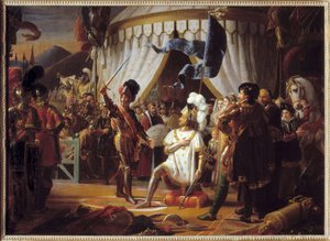 Francisco I da França pede para ser nomeado cavaleiro pelo Chevalier Bayard após a vitória na Batalha de Marignano, Itália, 1515 -