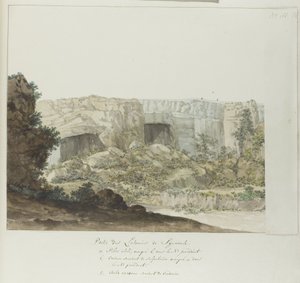 Gedeelte van Latomies caverna em Siracusa Parte das Latomias de Siracusa (título no objeto) Viagens na Itália, Sicília e Malta - 1778 (título da série) de Louis Ducros