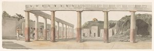 Vista do quartel romano e colunata em Pompeia Vue des Casernes Romaines & de la Colonnade de Pompeja (título no objeto) Voyage en Italy, e Sicile et à Malte - 1778 (título da série) de Louis Ducros