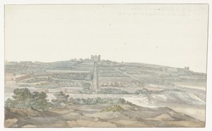 Vista do Palácio Vedala do Grão-Mestre, localizado no Boschetto em Malta Vue de Boschetto, maison de plaisance du Grand-Maître, à 2 lieus de la ville de Malthe (título no objeto) Voyage en Italy, e Sicile et à Malte - 1778 (título da série) de Louis Ducros