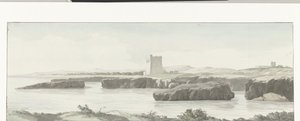 Gezicht op de kust van de Adriatische zee met een observatietoren aan de overzijde van Monopoli
Vista de uma torre de observação na costa do Adriático para além de Monopoli, vista a 3 milhas de distância (título sobre o objecto)
Viagem a Ita de Louis Ducros