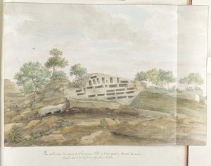 Gezicht op de muren van Agrigentum en vele rotsgraven Vista exterior das muralhas da cidade antiga e de uma grande massa de rocha caída, onde vemos Sepulcros esculpidos (título no objeto) Viagens na Itália, Sicília e Malta - 1778 (título da série) de Louis Ducros