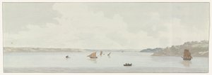Gezicht op een deel van het Mare Piccolo Vista de parte do Mare Piccolo, onde ficava a localização da ponte velha, a foz do Galesus (título no objeto) Viagens na Itália, Sicília e Malta - 1778 (título da série) de Louis Ducros