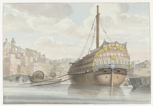Gezicht op have met galei schip vlakbij de werf Vista do fundo do Port des Galères em Malthe, tirada do site (título no objeto) Viagens na Itália, Sicília e Malta - 1778 (título da série) de Louis Ducros
