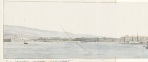 Gezicht op paraíso de Messina em bergen van Calabrië vanaf kade Vista do Porto de Messina e das montanhas da Calábria, tirada do Cais (título no objeto) Viagens na Itália, Sicília e Malta - 1778 (título da série) de Louis Ducros