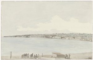 Vista do promontório de Pausilype com o antigo palácio da Rainha Jeanne e o campo de Sannazar a partir da varanda da estalagem
Vue du Promontoire de Pausilype, prise du balcon de notre auberge où se trouvent l