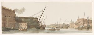 Gezicht op werf in haven van galei schepen te Malta
Vista do estaleiro no porto da Galleys em Malta (título sobre o objecto)
Voyage en Italie, en Sicile et à Malte - 1778 (título da série) de Louis Ducros