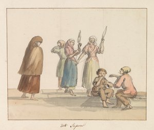 Trajes tradicionais da ilha de Gozo Costume de Ghozo (título no objeto) Voyage en Italy, e Sicile et à Malte - 1778 (título da série) de Louis Ducros