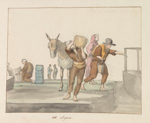 Trajes tradicionais da ilha de Gozo Costume de Ghozo (título no objeto) Voyage en Italy, e Sicile et à Malte - 1778 (título da série) de Louis Ducros
